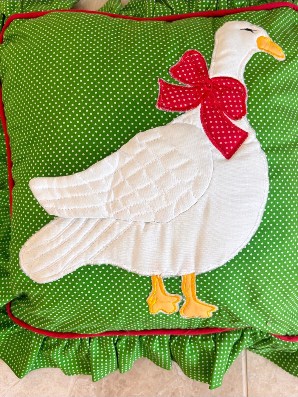 Set of Two Vintage Handmade Quilted Goose Pillows Green and White Polka Dot - Picture 8 of 16